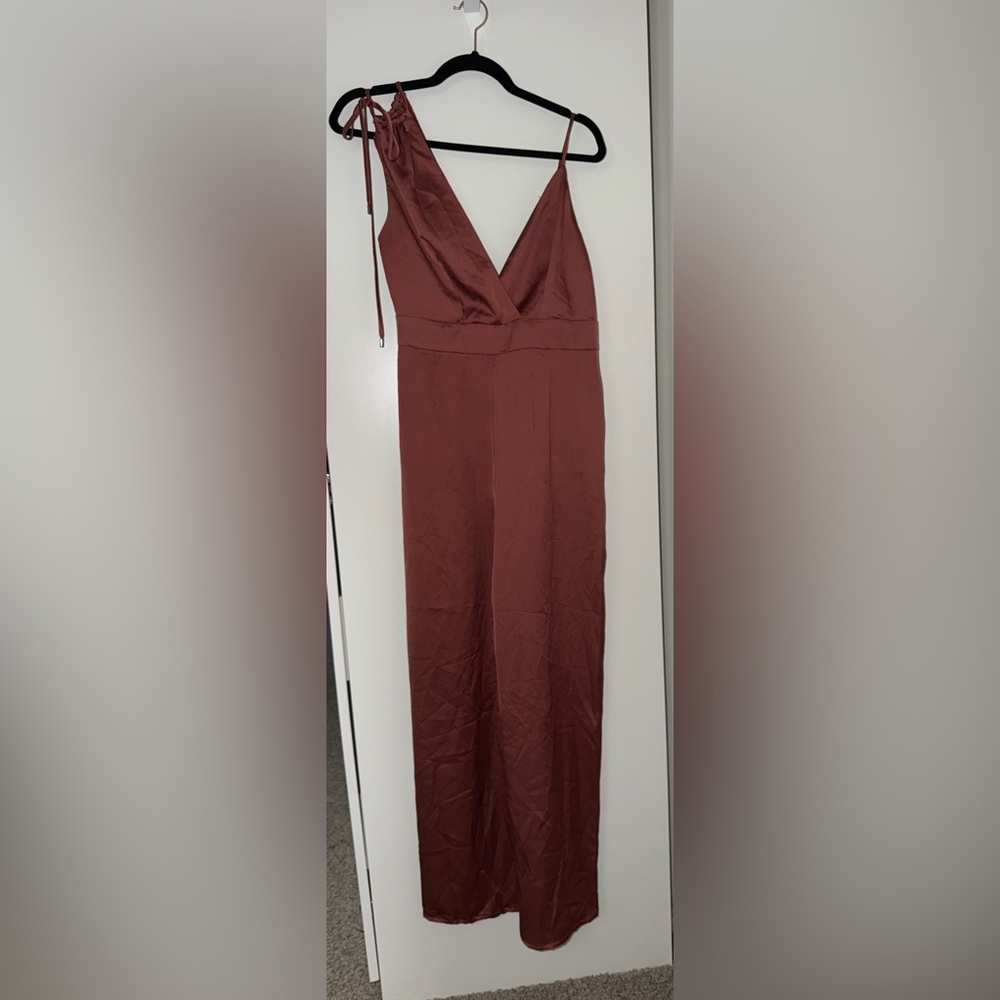 Lulu's Rust-Brown Wide-Leg Jumpsuit with Tie Shoulder